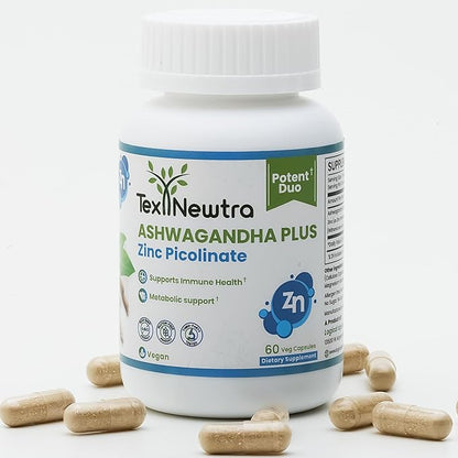 Ashwagandha & Zinc Picolinate Supplement - 300mg Ashwagandha Root Extract & 15mg Zinc per Capsule - 60 Capsules