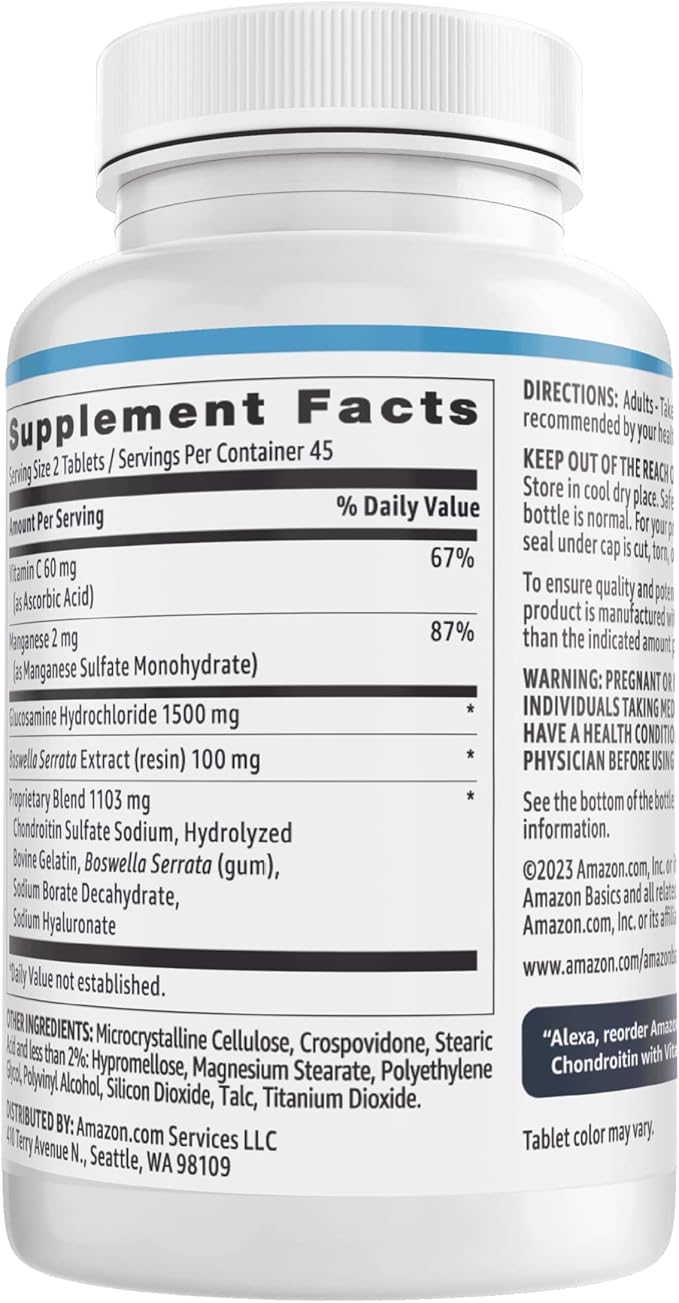 Amazon Basics Glucosamine 1500 mg with Chondroitin and Vitamin C 60 mg, 90 Tablets (2 per Serving), Gluten Free (Pack of 2)