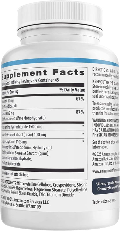 Amazon Basics - Glucosamine Chondroitin, 1500 mg, with Vitamin C 60 mg, 90 Tablets (2 per serving), Gluten Free