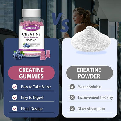 2 Pack Creatine Monohydrate Gummies 5g for Men & Women, Chewables Creatine Monohydrate for Muscle Strength & Muscle Builder, Vitamin B12 for Energy Support, Blueberry Flavor, 120 Count