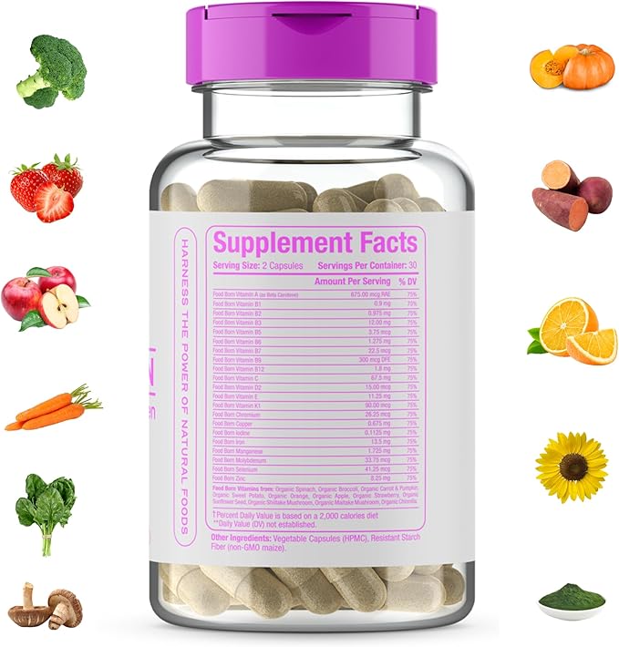Food-Born Multivitamins for Women - 13 Daily Vitamins and 8 Minerals: A D2 C K1 E B1 B6 B12, Selenium, Zinc, Iron, etc Essentials for Health, Food-Based Bioactive Vitamins, Vegan, 60-Capsule
