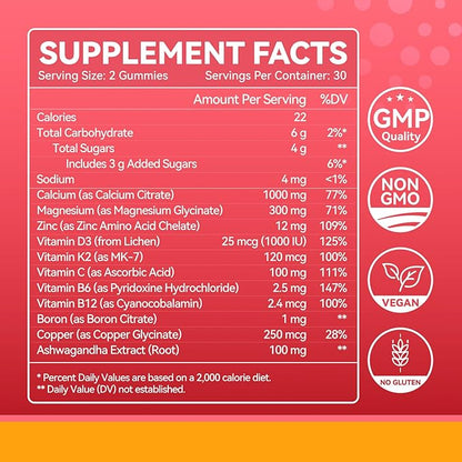 2 Pack Calcium Magnesium Zinc Gummies with Vitamin D3, K2, B12 & B6 for Women and Men, Calcium Citrate with Boron, Copper and Ashwagandha for Bone, Muscles, Calm Mood & Sleep Support, Immune Health