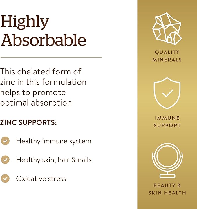 Solgar Chelated Zinc, 100 Tablets - Zinc for Healthy Skin - Supports Cell Growth & DNA Formation - Exerts Antioxidant Activity - Supports A Healthy Immune System - Non GMO, Gluten Free - 100 Servings