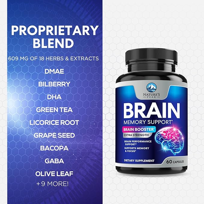 Brain Supplement Memory Pills - Nootropics Support for Concentration, Clarity, Energy & Focus - Brain Health with Bacopa, Cognitive Vitamins, Phosphatidylserine, DMAE - Brain Booster - 60 Capsules