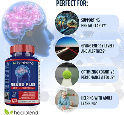 healblend Neuro Plus Brain & Focus Formula - Brain Booster Supplement, Supports Mental Clarity & Focus - Enhances Concentration & Mental Energy – 120 Capsules (2 Pack)