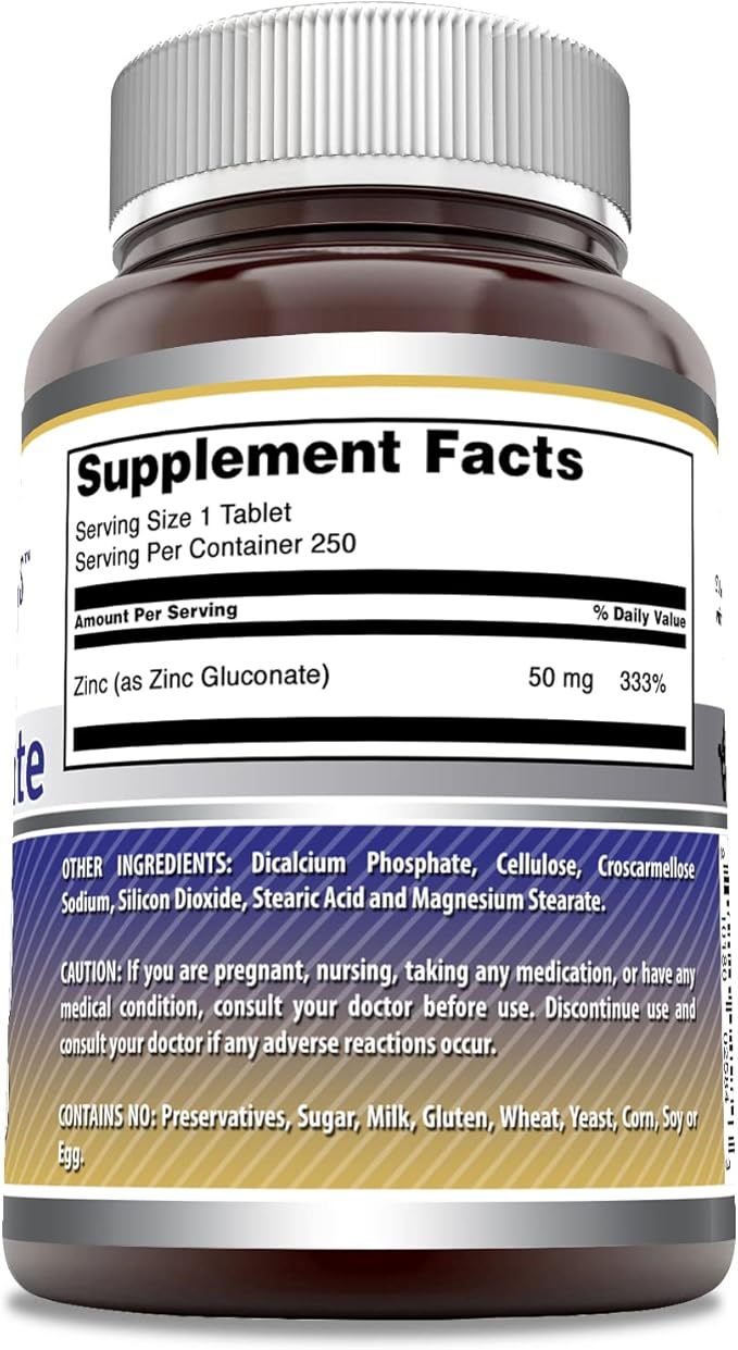 Amazing Formulas Zinc Gluconate 50mg 250 Tablets Supplement | Non-GMO | Gluten Free | Made in USA