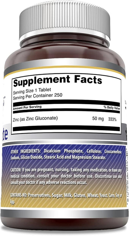 Amazing Formulas Zinc Gluconate 50mg 250 Tablets Supplement | Non-GMO | Gluten Free | Made in USA