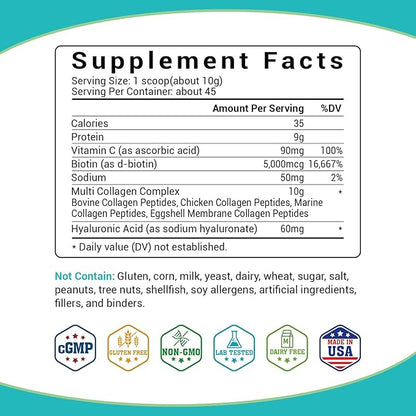 Collagen Peptides - Multi Collagen Peptides with 5 Types - Hydrolyzed Collagen Peptides Powder with Biotin & HA - Support for Hair, Skin, Nails & Joints