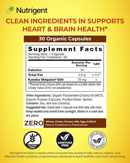 Ubiquinol CoQ10 75 mg, Liquid Filled Organic Capsules, High Absorption Coenzyme Q10 Supplements, Antioxidant for Heart Health & Energy Production, 30 Count