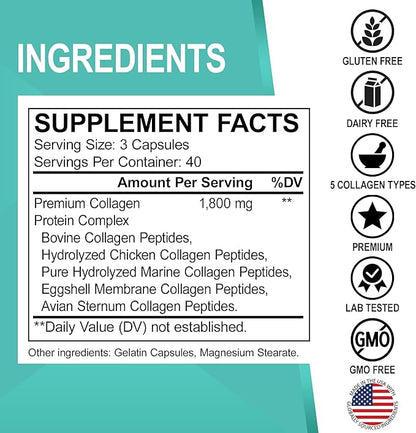 Multi Collagen Peptides for Women & Men - Type I, II, III, V, & X Multi Collagen for Women & Men Complex Capsules, Hydrolyzed Peptides Pills Supplements for Skin, Hair & Nails - 120 Protein Capsules