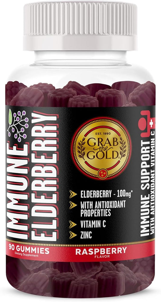 Grab The Gold Immune Elderberry Gummies with Vitamin C and Zinc (1 Bottle = 45 Day Supply) Gluten Free, Vegetarian Friendly