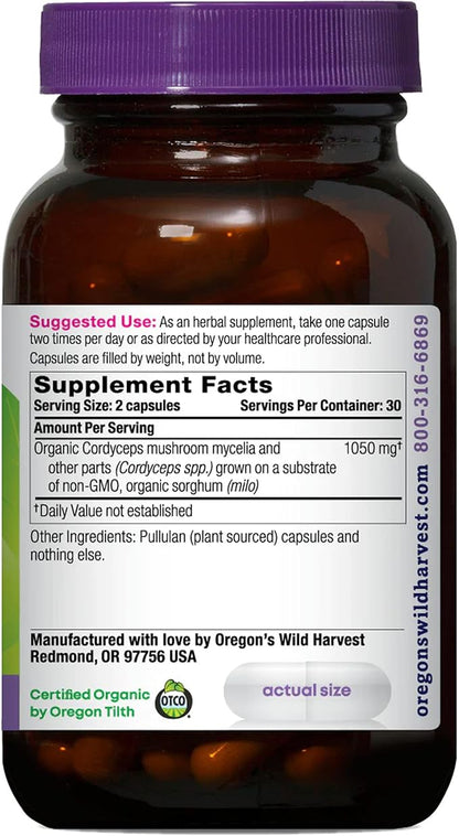 Oregon's Wild Harvest Cordyceps Organic Mushroom Herbal Supplement (Freeze-Dried) | Endurance and Stamina Support, 60 Count