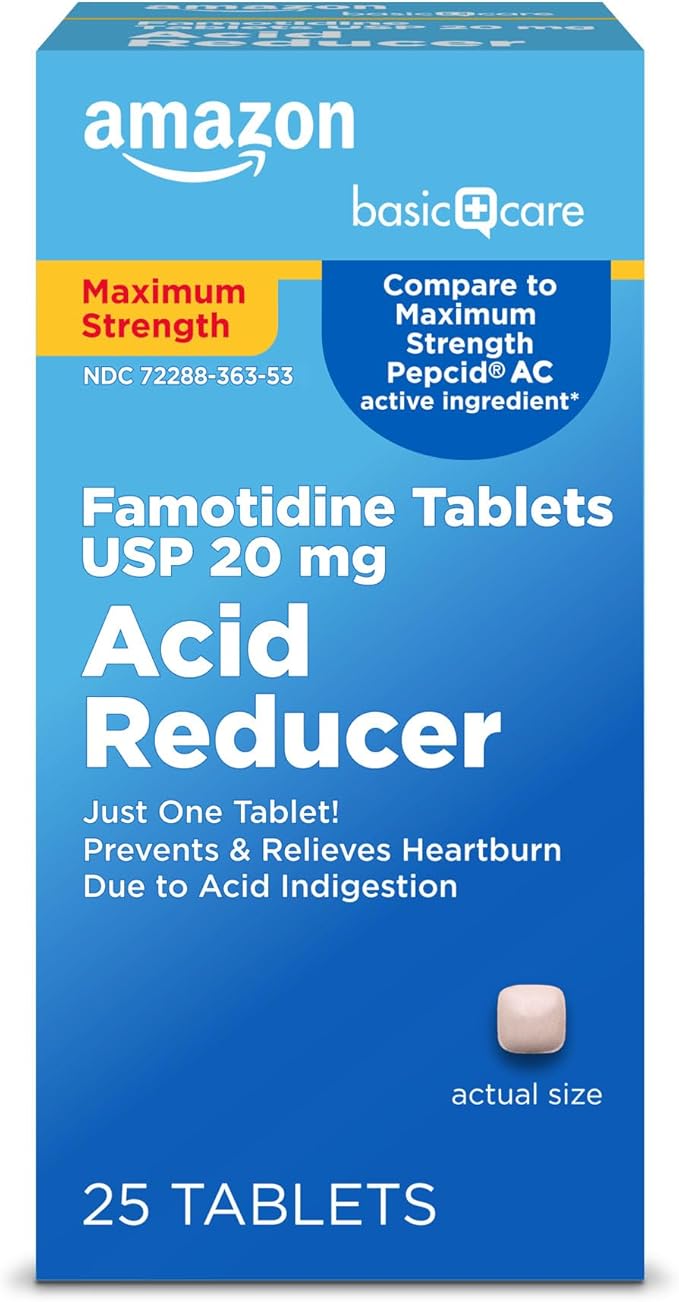 Amazon Basic Care Maximum Strength Famotidine Tablets 20 mg, Acid Reducer for Heartburn Relief, 25 Count (Packaging may vary)