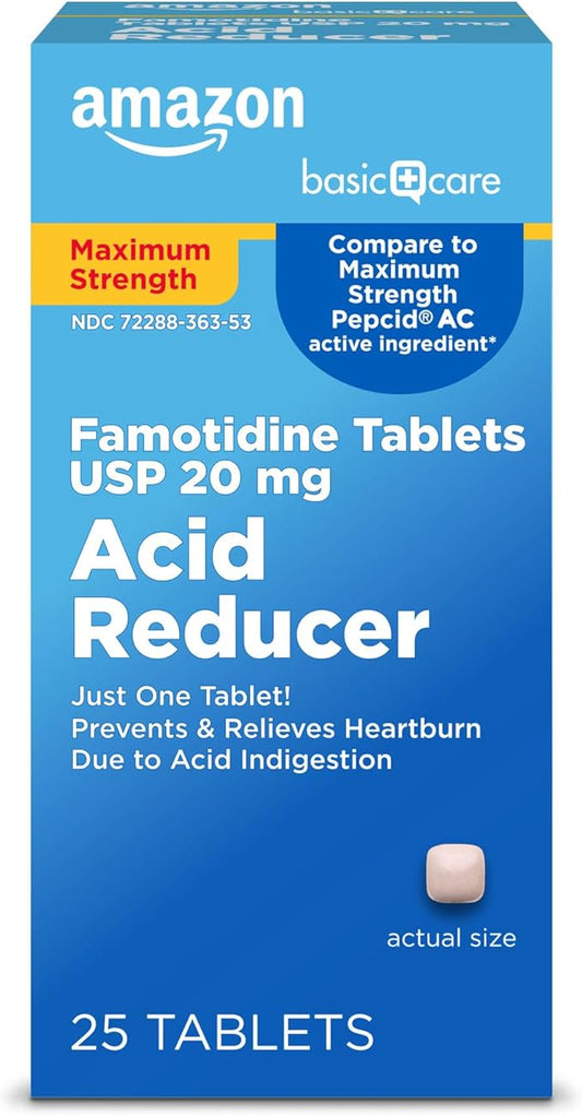 Amazon Basic Care Maximum Strength Famotidine Tablets 20 mg, Acid Reducer for Heartburn Relief, 25 Count (Packaging may vary)