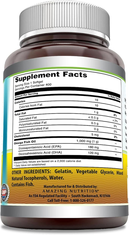 Amazing Omega Fish Oil Supplement | Omega-3, 180 mg EPA. 120 mg DHA | 1000 Mg | 400 Softgels | Non-GMO | Gluten-Free | Made in USA