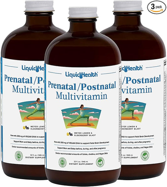 LIQUIDHEALTH Prenatal/Postnatal Multiple Liquid Women's Multivitamin with Real Folate - Pre & Postnatal Vitamins for Before, During, After Pregnancy - Made in USA, Vegan, Sugar-Free, Non-GMO (3 Pack)