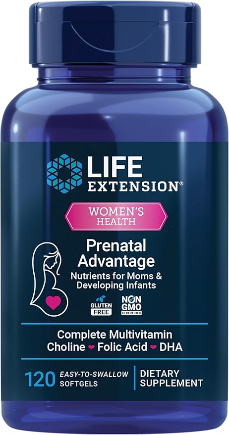 Life Extension Prenatal Advantage Supplement – Comprehensive Prenatal Vitamin for Pregnant Women - Complete Multivitamin for Healthy Brain with DHA - Non-GMO, Gluten-Free -120 Softgels