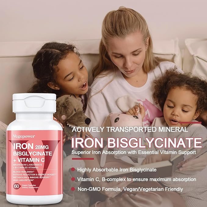 Iron Supplements for Women, Vegan Iron Bisglycinate 28mg Plus Vitamin C, Folic Acid - Iron Pills for Anemia, Iron Deficiency & Energy Support - High Absorption, Gluten-Free, Non-GMO - 60 Capsules