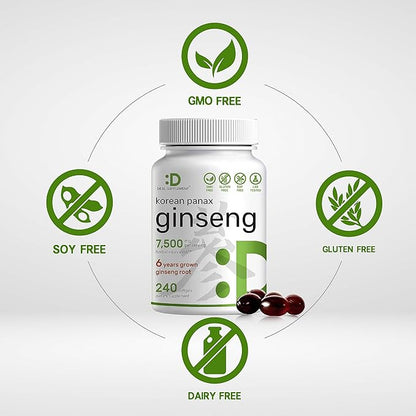 Korean Red Panax Ginseng Root Extract, 7,500mg Serving, 240 Softgels – 150mg Active Ginsenosides
