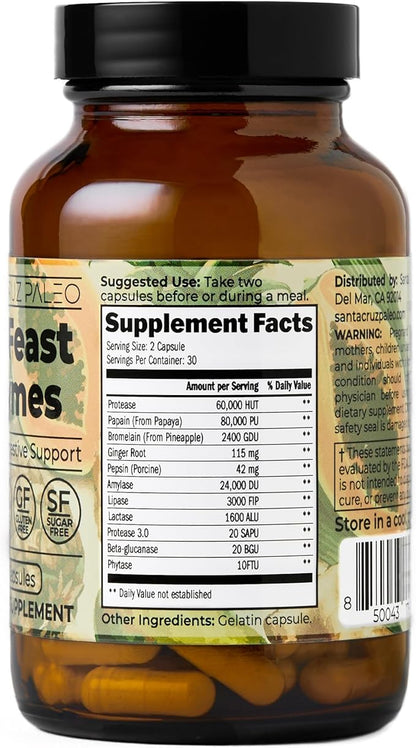 Santa Cruz Paleo Pre-Feast Digestive Enzymes for Women and Men, Fiber Supplement for Gut Health & Digestive Health, Gluten Free, Keto, Sugar Free, Paleo, with Bromelain, Ginger Root, 60 Capsules