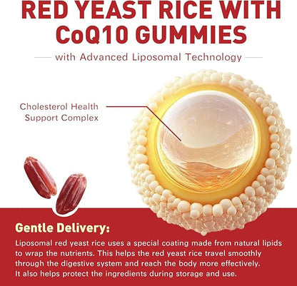 Red Yeast Rice with CoQ10 Gummies Sugar Free, Red Yeast Rice Supplement with Odorless Garlic Extract, Vitamin E, Vitamin D3 & K2, Cholesterol Support & Heart Health, Natural Mixed Berry Flavor, 60 Ct