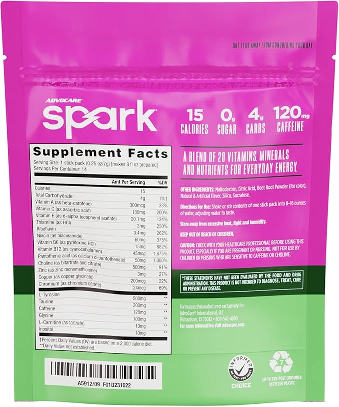 AdvoCare Spark Vitamin & Amino Acid Supplement - Focus & Energy Drink Powder Mix with Vitamin A, B-6, C & E - Also Includes L-Carnitine & L-Tyrosine - Water Melon, 14 Stick Packs