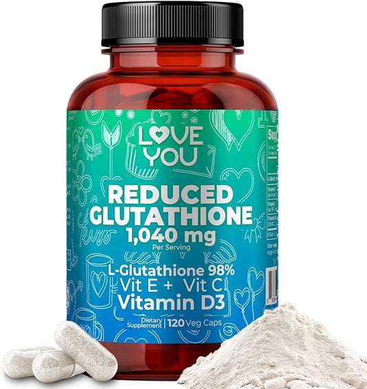 Love You Reduced Glutathione 98% Purity 1040 mg + Vitamin C, E & D3 1804 mg Total per Serving | Intracellular Antioxidant | Supports Detoxification & Immune Function | 120 Veggie Caps | 30 Servings