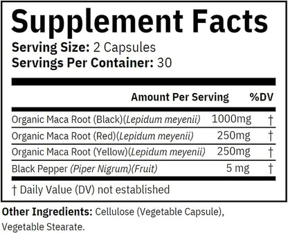Premium Organic Blended Maca Root Black, Red, Yellow - 60 Vegan Capsules Peruvian Maca Root Gelatinized 100% Pure Non-GMO Supports Reproductive Health Natural Energizer - Made in USA