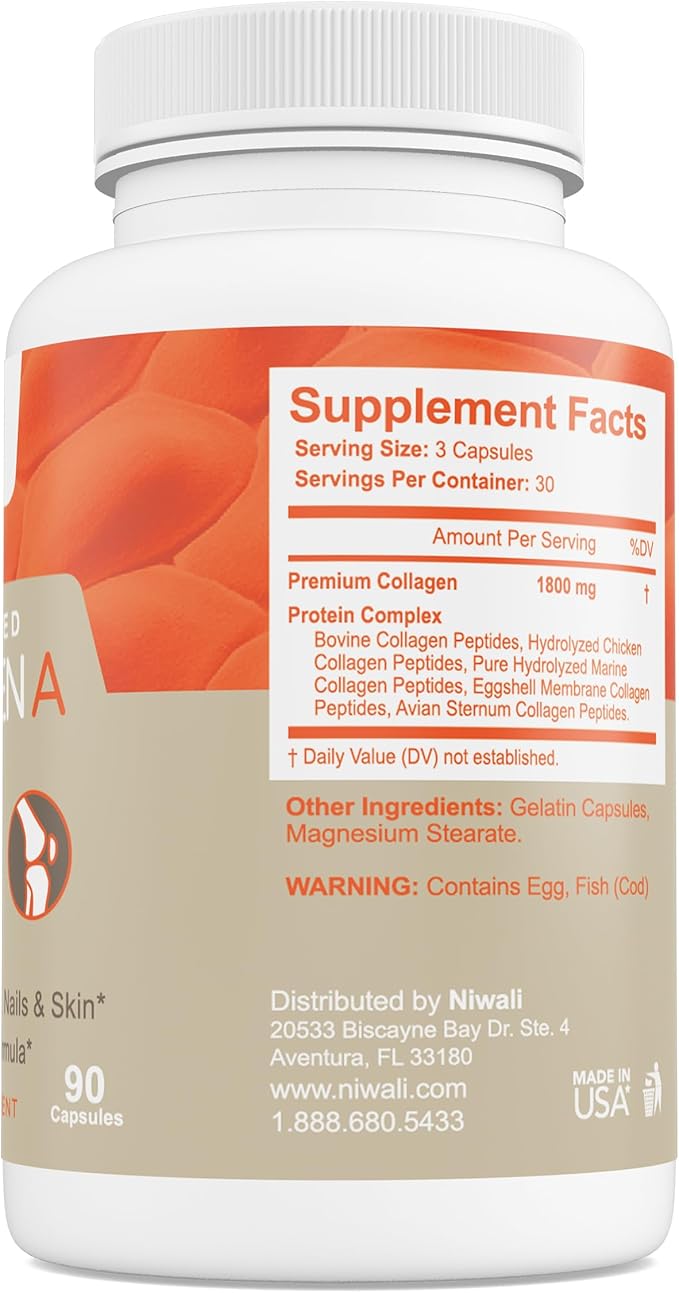 Multi Collagen Complex Supplement for Women & Men | Hydrolyzed Collagen Pills - Types I, II, III, V & X| for Healthy Hair, Nails, Skin, Bone & Joints | 90 Capsules