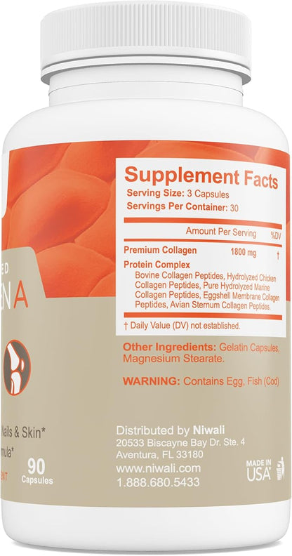 Multi Collagen Complex Supplement for Women & Men | Hydrolyzed Collagen Pills - Types I, II, III, V & X| for Healthy Hair, Nails, Skin, Bone & Joints | 90 Capsules