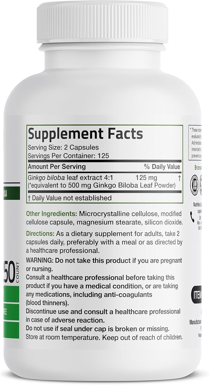 Bronson Ginkgo Biloba Extra Strength Supports Brain Function & Memory Support, 250 Vegetarian Capsules