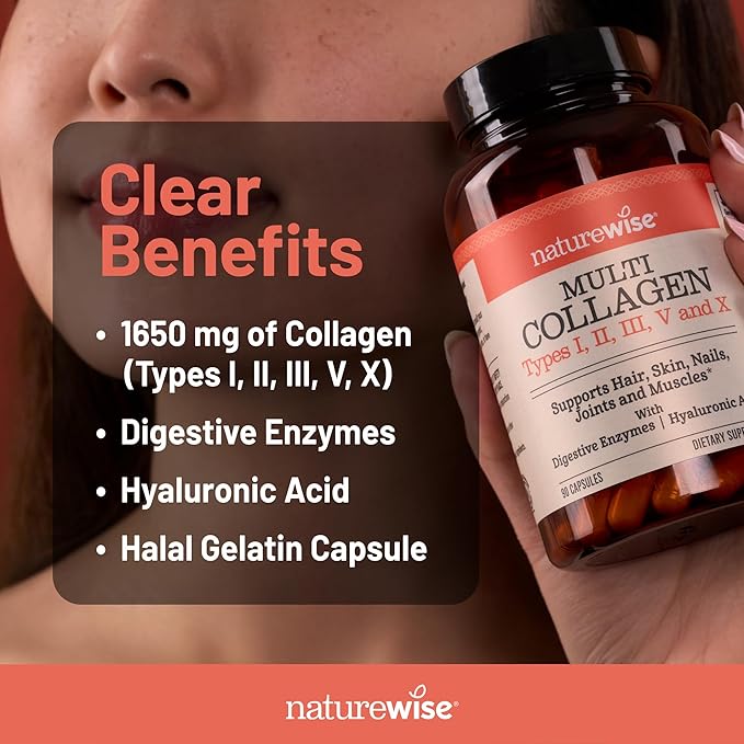 NatureWise Multi Collagen Peptides Pills for Women & Men - Type I, II, III, V, X w/Hyaluronic Acid - Supports Skin, Hair, Joint Health* - Grass Fed, Gluten Free, Non-GMO - 90 Capsules[30 Day Supply]