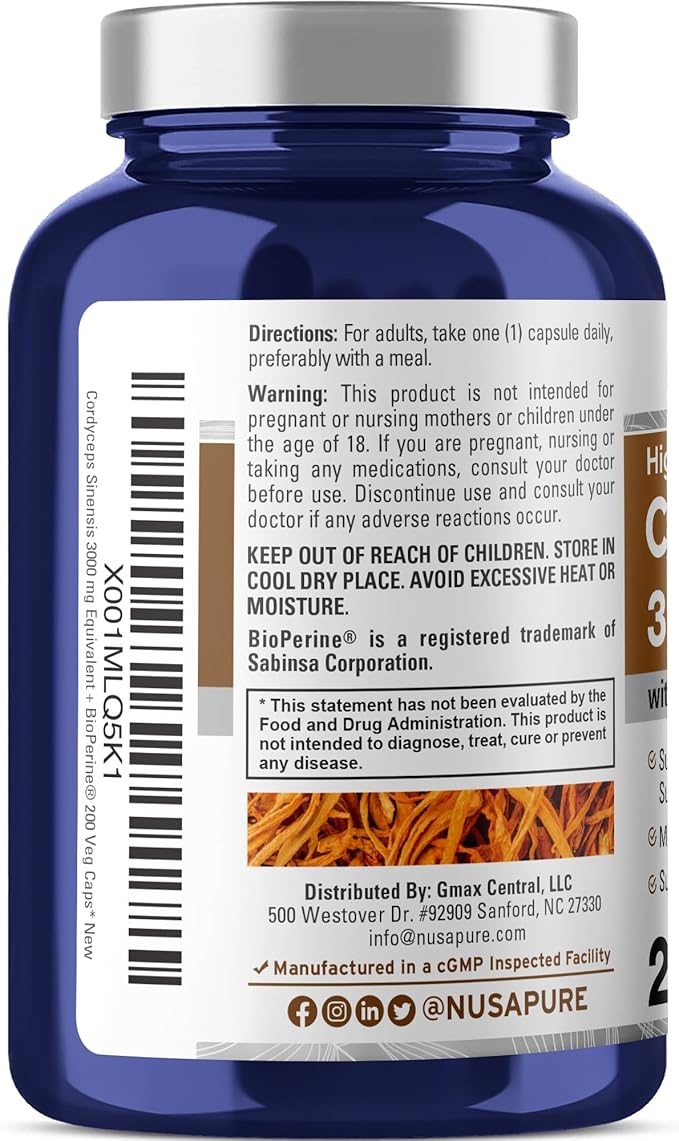 NusaPure Cordyceps 20:1 Extract, 150 mg Equivalent to 3,000mg 200 Veggie Capsules (Sinensis CS-4, Non-GMO, Vegan) Bioperine