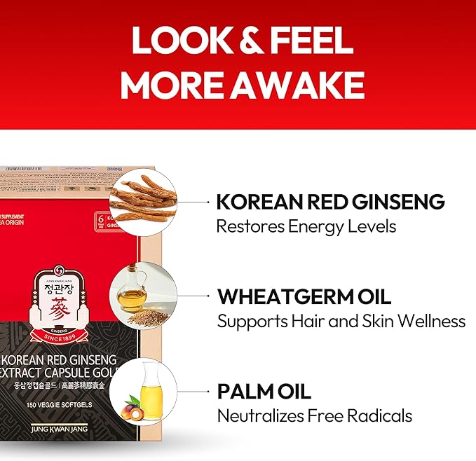 Korean Red Ginseng Extract Capsule Gold - Vegan Energy Supplements - Energy Boost & Immune Support, Caffeine Free & Non-GMO (600mg, 150 Capsules)