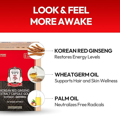 Korean Red Ginseng Extract Capsule Gold - Vegan Energy Supplements - Energy Boost & Immune Support, Caffeine Free & Non-GMO (600mg, 150 Capsules)