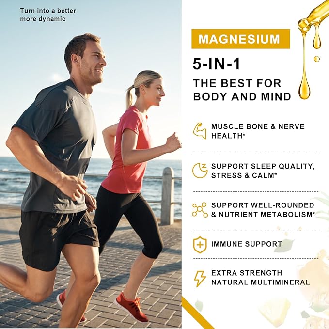 Magnesium Liquid Drops - High Absorption 5-in-1 Magnesium Complex Supplement with Magnesium Glycinate, Malate, Citrate, Taurate - for Bone, Muscles, Nerves & Energy - Vegan, Sugar Free, 2 Fl.oz