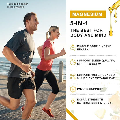 Magnesium Liquid Drops - High Absorption 5-in-1 Magnesium Complex Supplement with Magnesium Glycinate, Malate, Citrate, Taurate - for Bone, Muscles, Nerves & Energy - Vegan, Sugar Free, 2 Fl.oz
