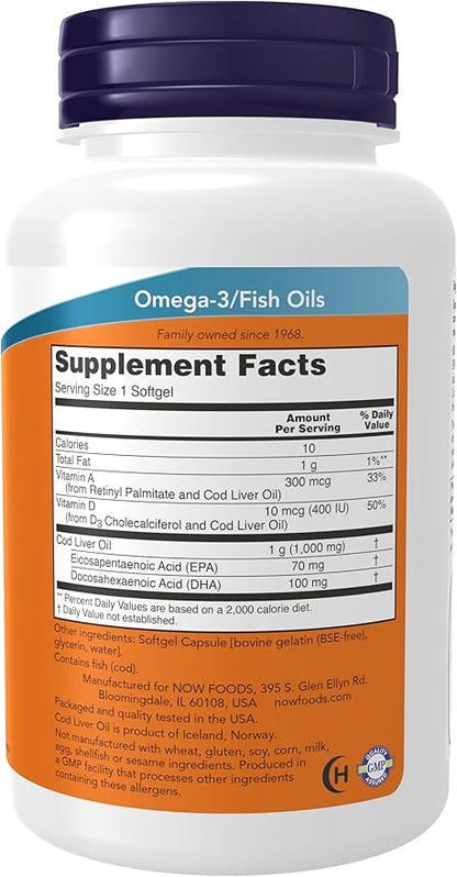 NOW Foods Supplements, Cod Liver Oil, Extra Strength 1,000 mg with Vitamins A & D-3, EPA, DHA, 90 Softgels