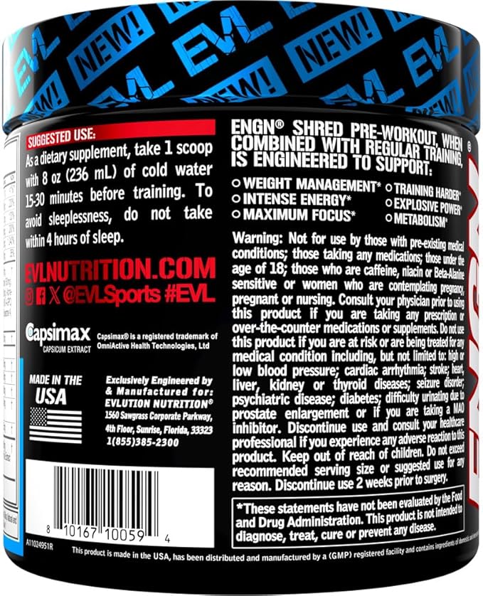 EVL Ultimate Pre Workout Powder - Thermogenic Fat Burn Support Preworkout Powder Drink for Lasting Energy Focus and Stamina - ENGN Shred Intense Creatine Free Preworkout Drink Mix - Rocket Pop