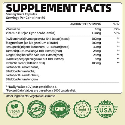 Psyllium Husk Capsules, Psyllium Husk Fiber Dietary Supplement 500mg, with Magnesium & Probiotics, Weight Management, Muscle Relief, Digestive & Gut Health for Men & Women, 120 Capsules