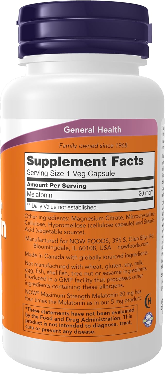 NOW Foods Supplements, Maximum Strength Melatonin 20 mg, Healthy Sleep Cycle*, Free Radical Scavenger*, Gastrointestinal Support*, 90 Veg Capsules