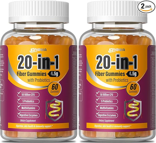 Fiber Supplement 20-in-1, Fiber Gummies for Adults, 50 Billion CFU Probiotic & Prebiotic Supplement with Inulin, Psyllium, Support for Gut & Digestive Health, 60-Count, Orange Flavor-Two Pack
