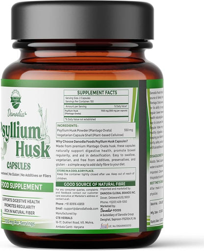 Danodia Foods Psyllium Husk Capsules – 300 Count | Veg Capsules | No additives or Filers | Gluten-Free, Non-GMO | Natural Fiber Supplement | No Artificial Colors or Preservatives