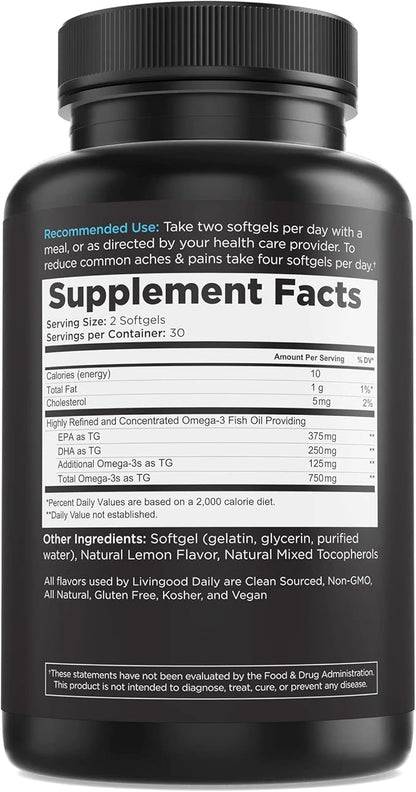 Livingood Daily Fish Oil Supplements with Omega 3 Fatty Acid, Omegas (60 Softgels) - EPA & DHA Fish Oil Pills Support Heart Health - Promotes Healthy Digestion & Brain Function - Non-GMO