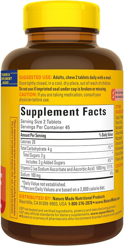 Nature Made Extra Strength Dosage Chewable Vitamin C 1000 mg per Serving, Dietary Supplement for Immune Support, 90 Tablets, 45 Day Supply (Pack of 2)