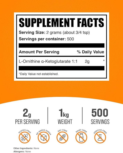 BulkSupplements.com L-Ornithine Alpha-Ketoglutarate Powder - OKG Supplement, Nitric Oxide Supplement, Ornithine Supplement - Gluten Free, 2000mg per Serving, 1kg (2.2 lbs) (Pack of 1)