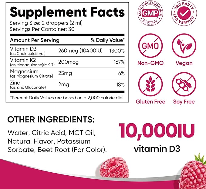 Venture Pal Vitamin D3 10000 IU Drops Plus K2 200 mcg with Magnesium, MCT Oil, Zinc, Vitamin D Liquid |Maximum Absorption for Bone, Mood & Immune Health (Raspberry, 2 Fl Oz)