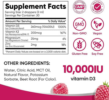 Venture Pal Vitamin D3 10000 IU Drops Plus K2 200 mcg with Magnesium, MCT Oil, Zinc, Vitamin D Liquid |Maximum Absorption for Bone, Mood & Immune Health (Raspberry, 2 Fl Oz)
