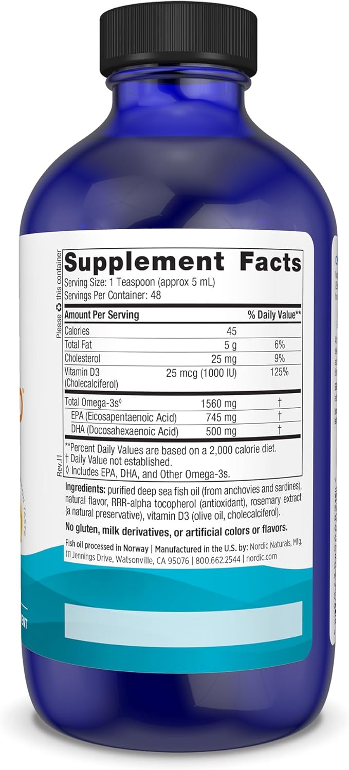 Nordic Naturals Omega-3D, Lemon Flavor - 8 oz - 1560 mg Omega-3 + 1000 IU Vitamin D3 - Fish Oil - EPA & DHA - Immune Support, Brain & Heart Health, Healthy Bones - Non-GMO - 48 Servings