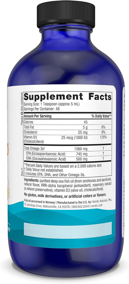 Nordic Naturals Omega-3D, Lemon Flavor - 8 oz - 1560 mg Omega-3 + 1000 IU Vitamin D3 - Fish Oil - EPA & DHA - Immune Support, Brain & Heart Health, Healthy Bones - Non-GMO - 48 Servings